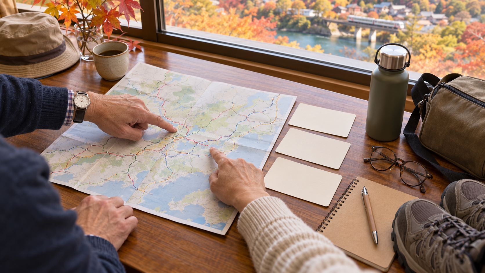 50代の2人が秋の鉄道旅行を計画する様子