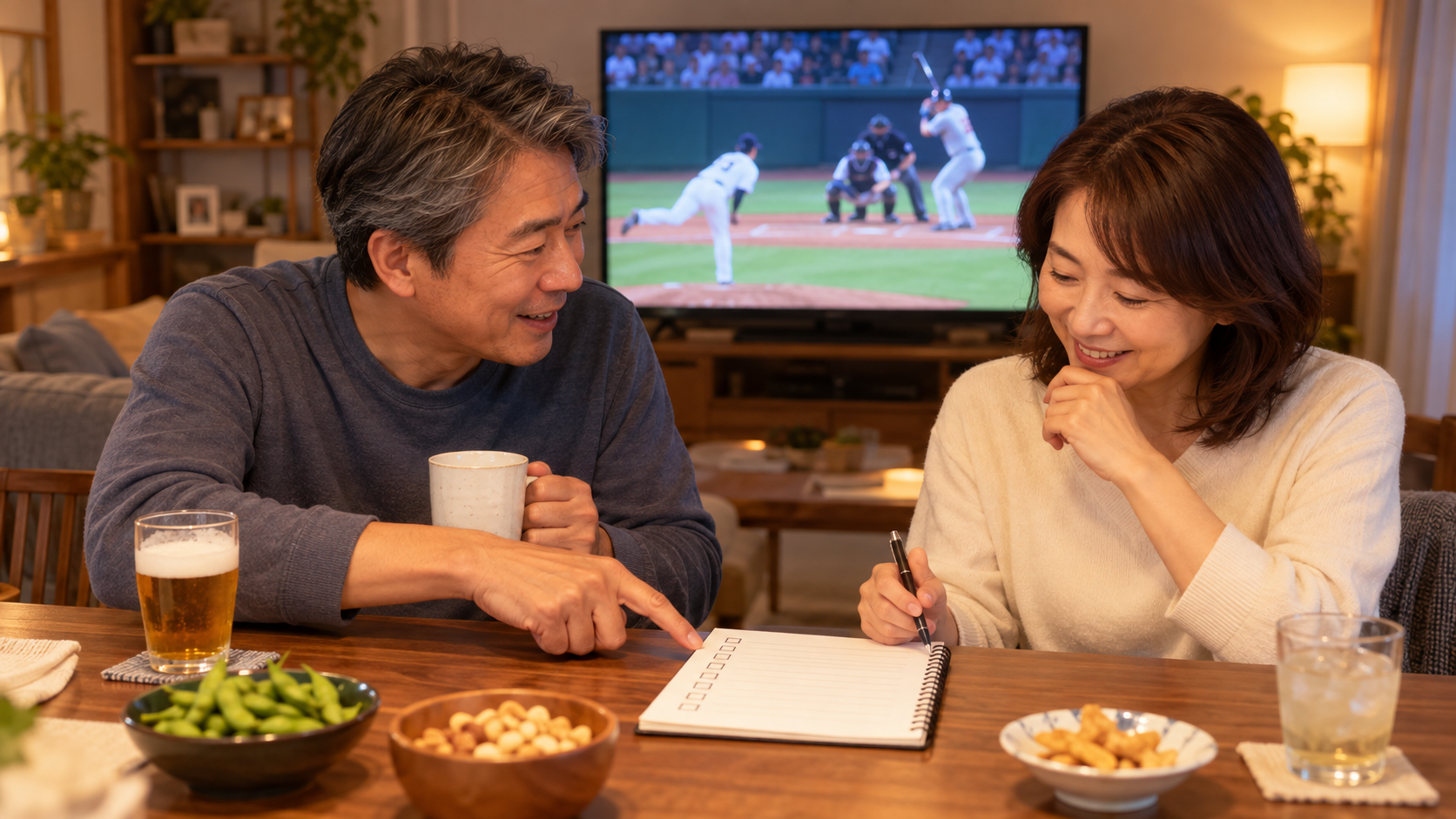 自宅でプロ野球終盤戦の観戦ポイントを話す50代夫婦