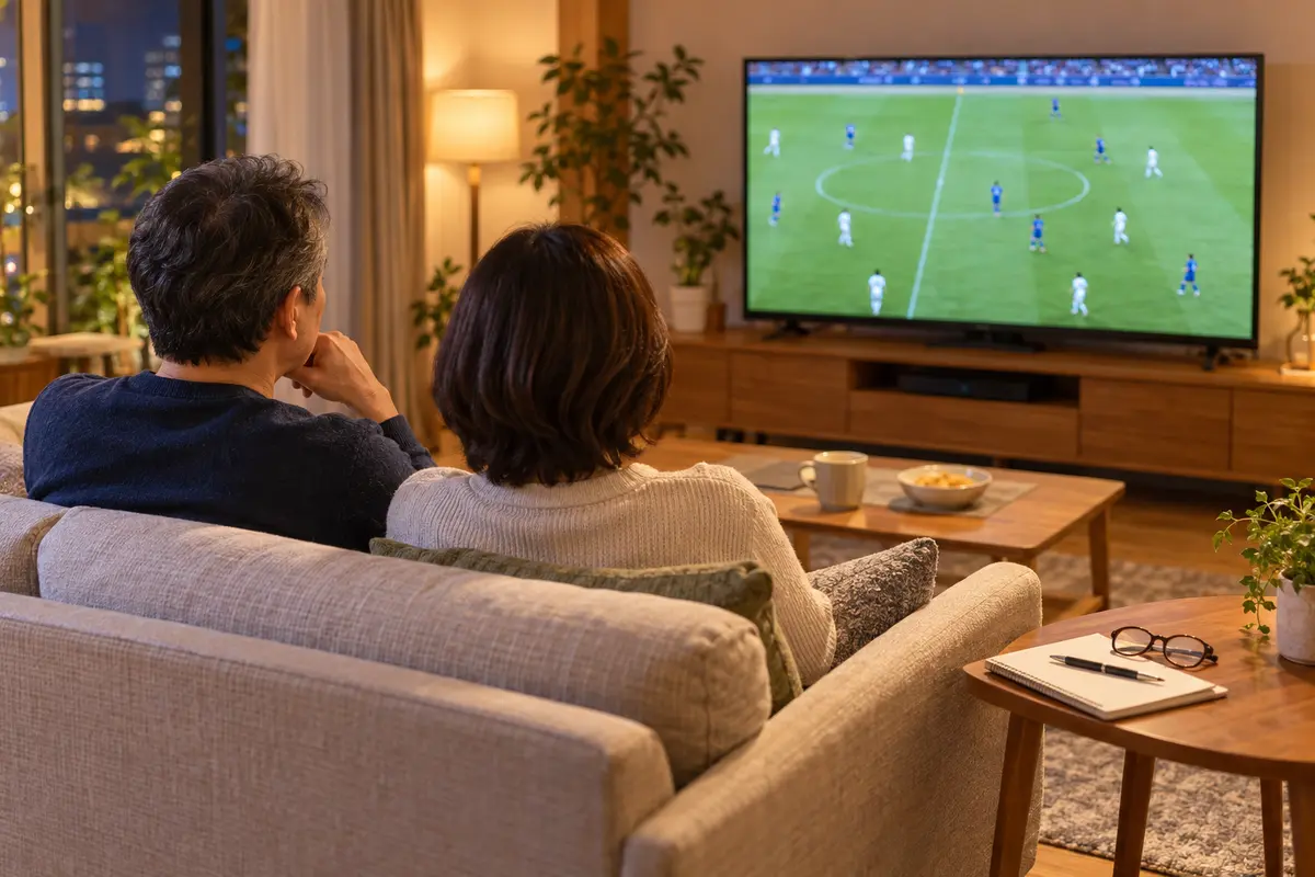 自宅でサッカー日本代表戦を観戦する50代