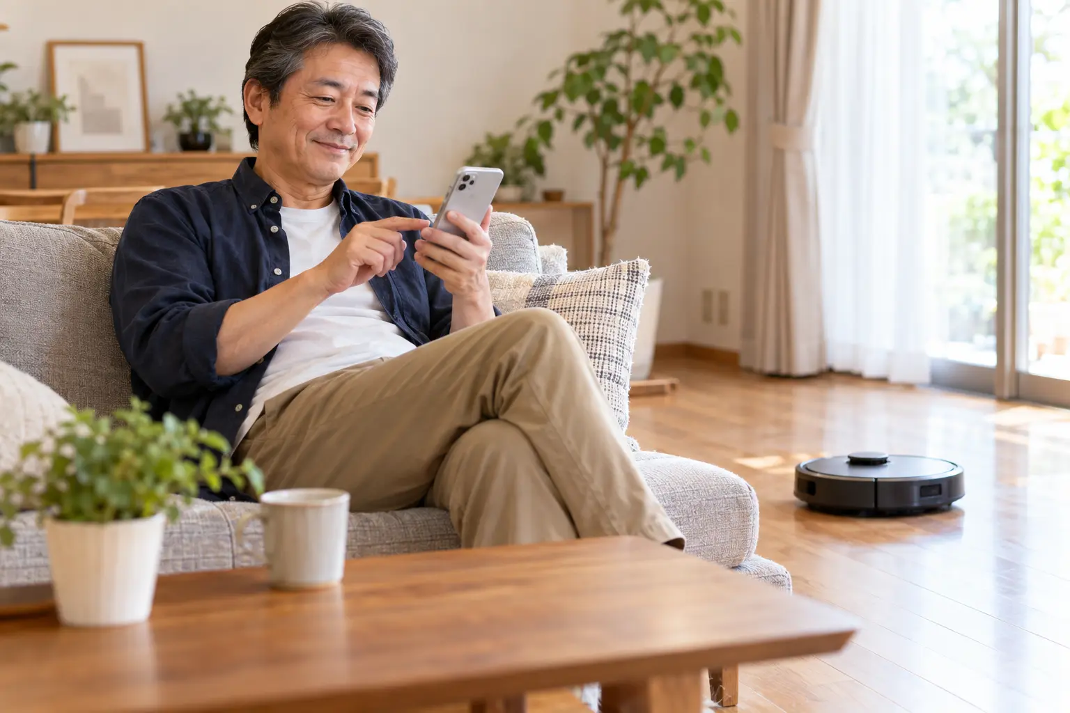 スマートフォンでロボット掃除機を操作する50代男性