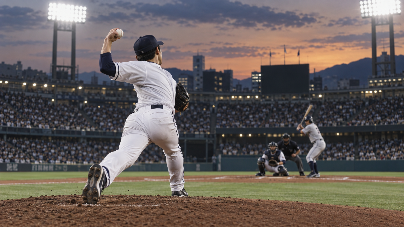 夜の野球場で力強く投球する日本代表をイメージした選手