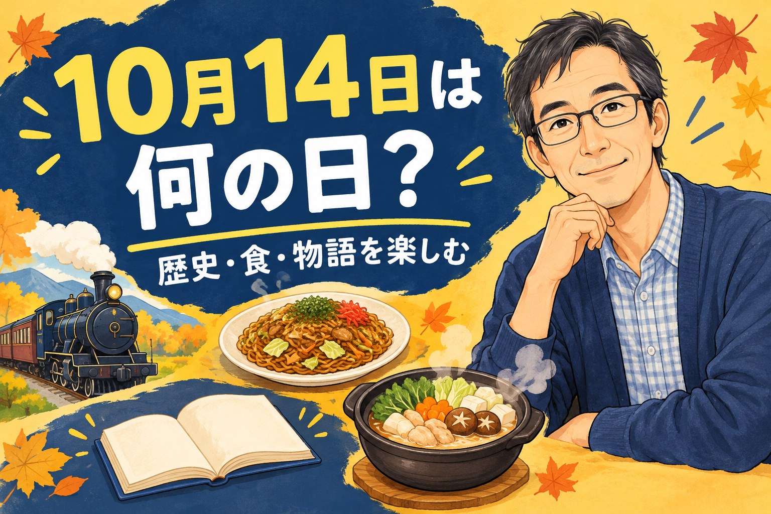 10月14日の記念日を紹介する、鉄道・焼うどん・本・鍋料理と50代研究員のイラスト