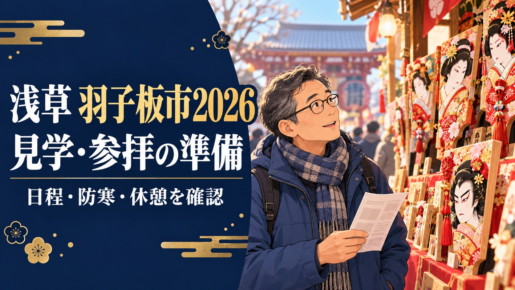 浅草の羽子板市2026の見学・参拝に向け、日程・防寒・休憩を確認する50代研究員のイラスト