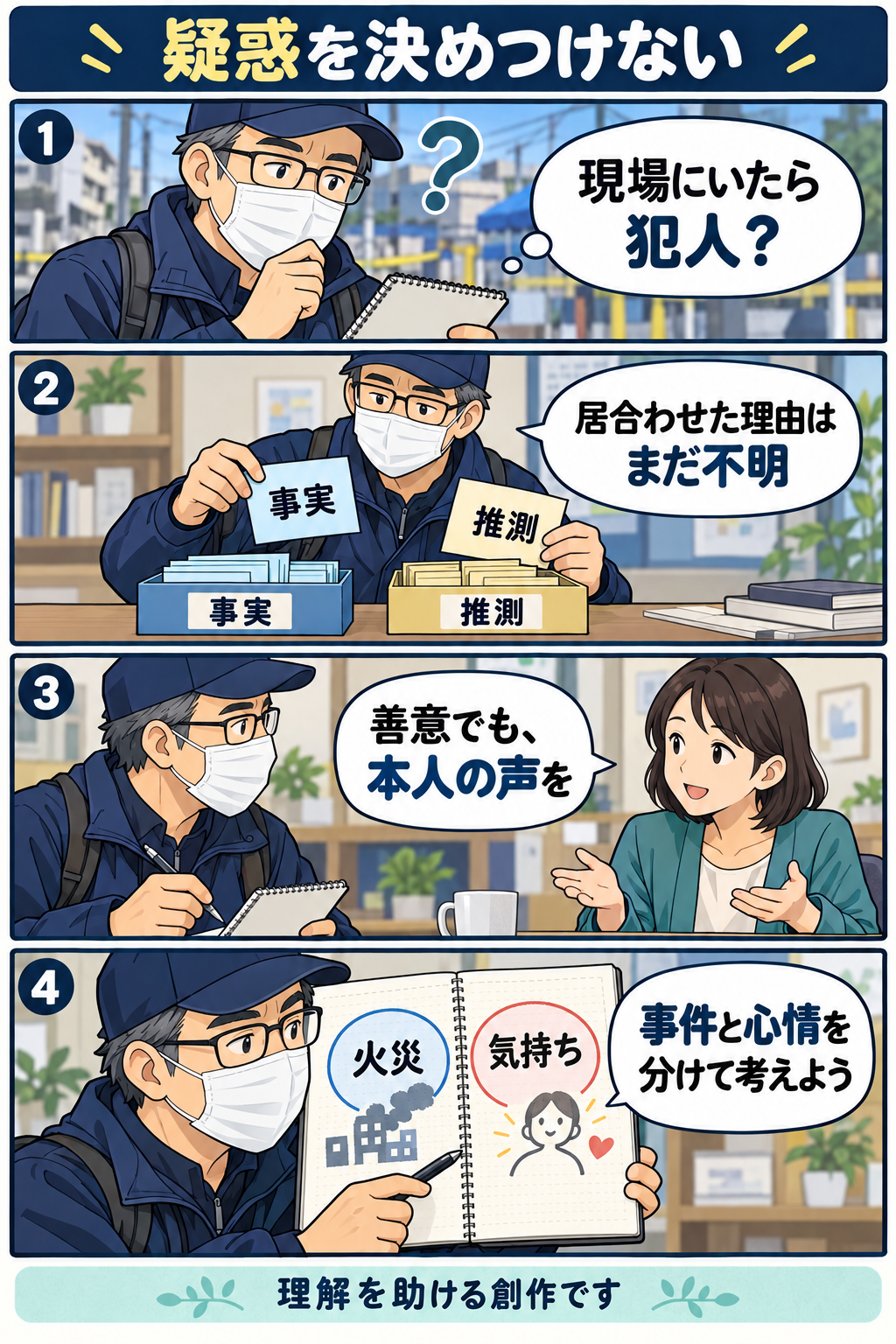 現場にいた人を犯人と決めず、事実と推測、本人の意思、事件と心情を分けて考える四コマ漫画