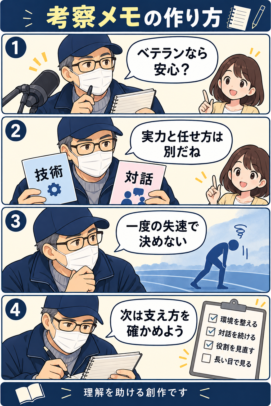 ベテランへの期待、実力と任せ方の違い、一度の失速で判断しないこと、次回の支え方を確認する四コマ漫画