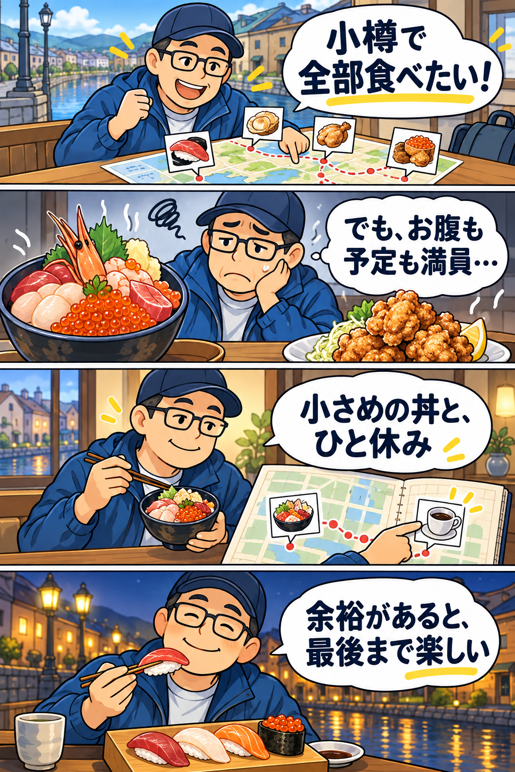 食事を詰め込みすぎず、小さめの丼と休憩を選んで小樽の一日を楽しむ創作4コマ漫画