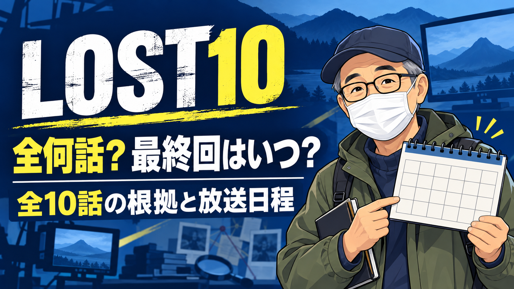 LOST10の全話数と最終回・放送日程をカレンダーで確認する50代研究員のイラスト