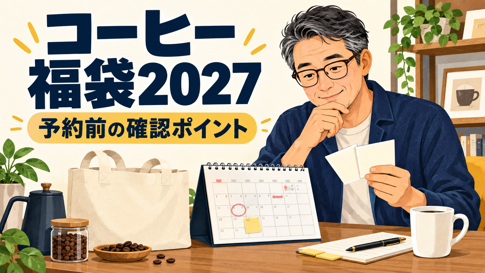 コーヒー福袋2027の予約前にカレンダーと利用予定を確認する50代研究員のイメージイラスト