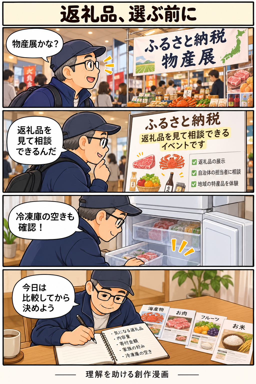 返礼品の量と保管場所を確認してから判断する創作4コマ漫画