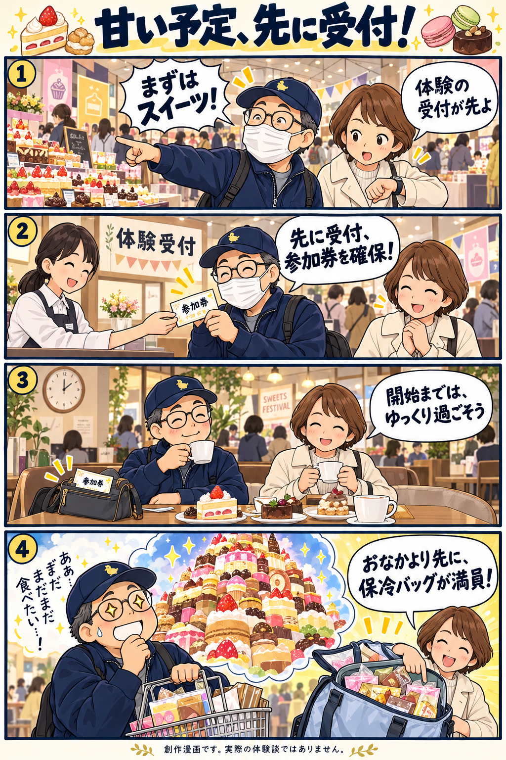 創作4コマ。体験受付を先に済ませ、休憩後に買い物へ。甘い物に目移りする研究員と、満員の保冷バッグを見せる同行者。
