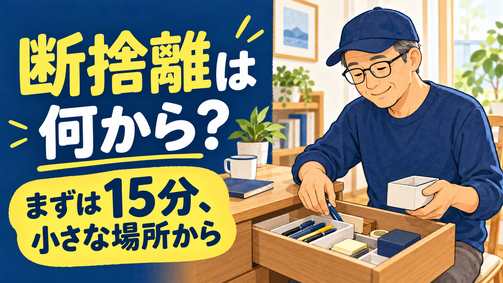 断捨離を小さな引き出しから始める50代男性のイラスト