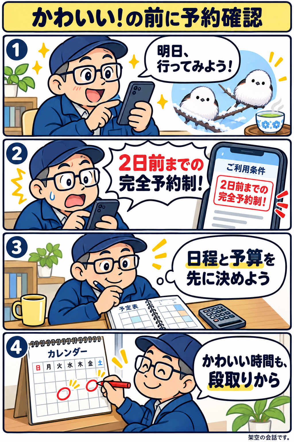 明日行こうと考えた研究員が2日前までの完全予約制に気づき、日程と予算を先に確認する4コマ漫画
