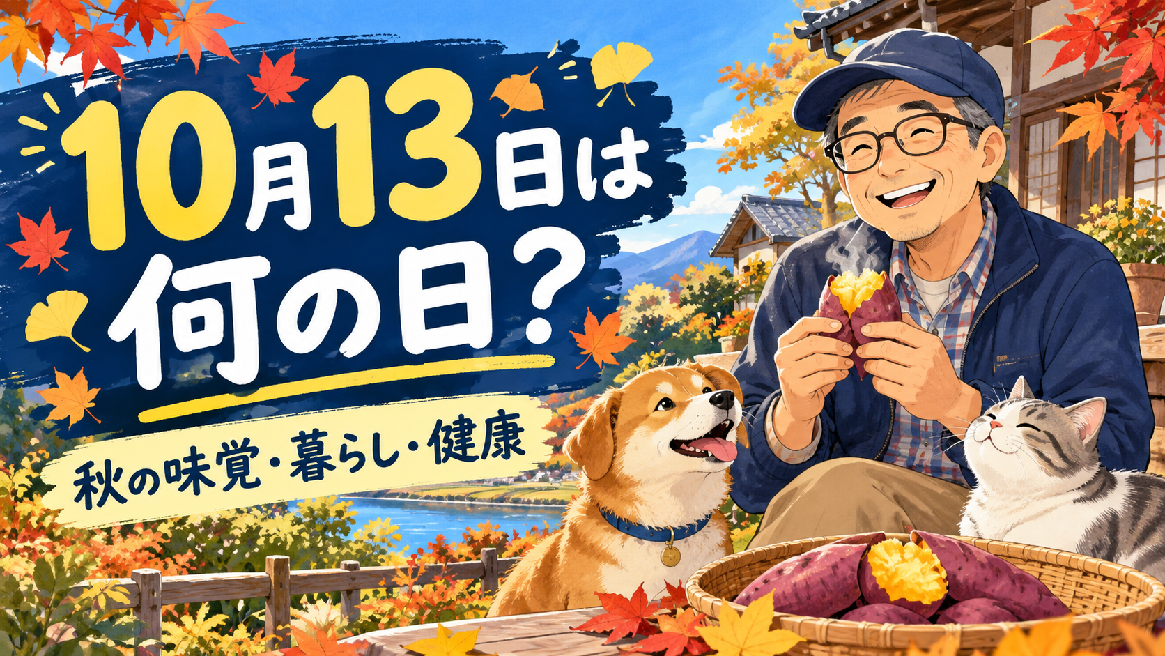 10月13日の記念日を紹介するイラスト。焼き芋を持つ研究員と犬・猫、秋の風景