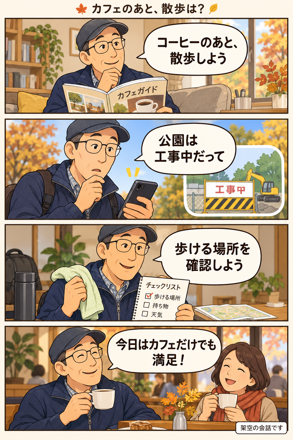 公園の工事情報を確認し、カフェだけ楽しむ選択も考える50代研究員の創作4コマ漫画