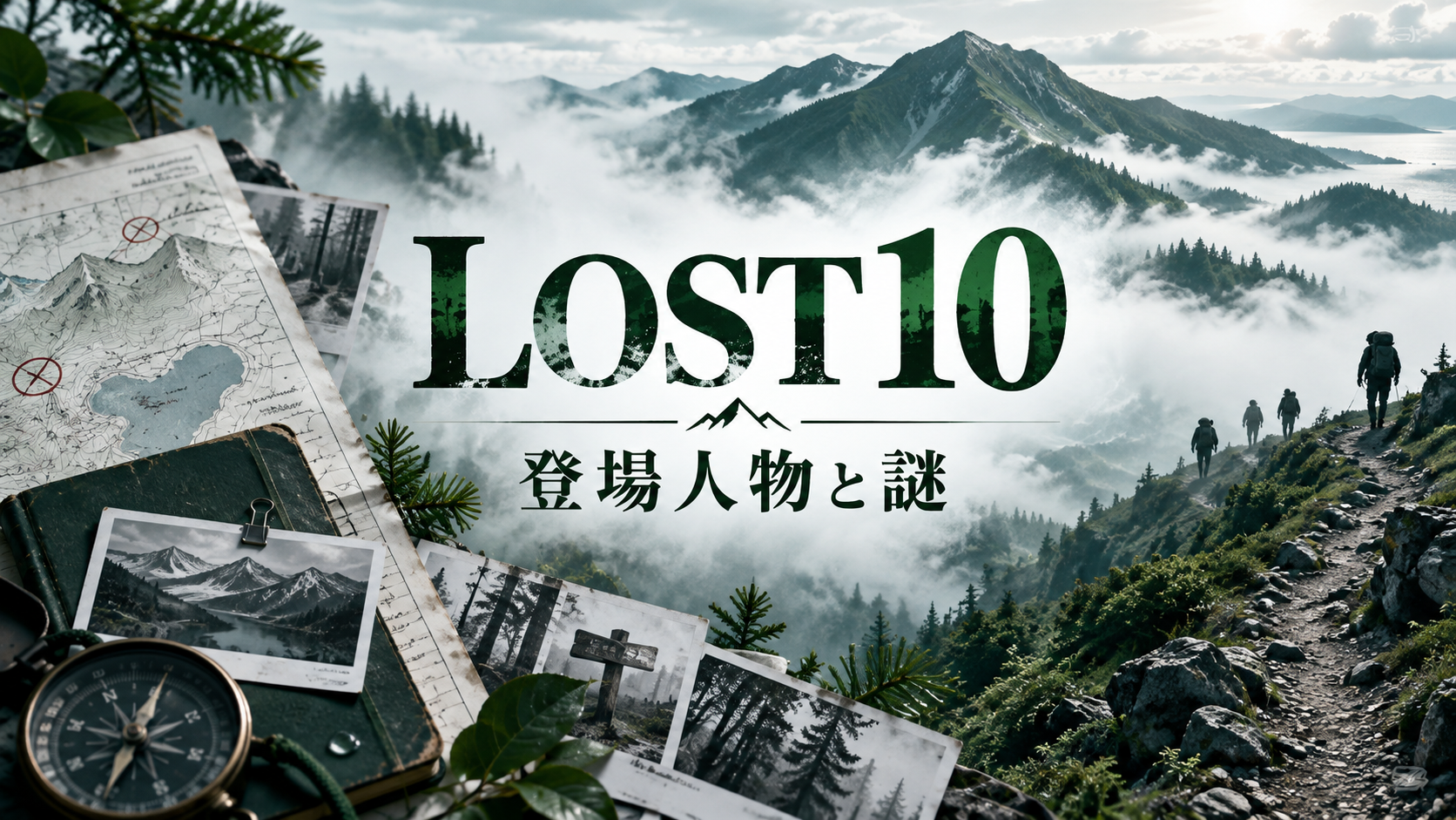LOST10の登場人物と謎を紹介する、霧の山と登山者・調査資料のオリジナルイメージ
