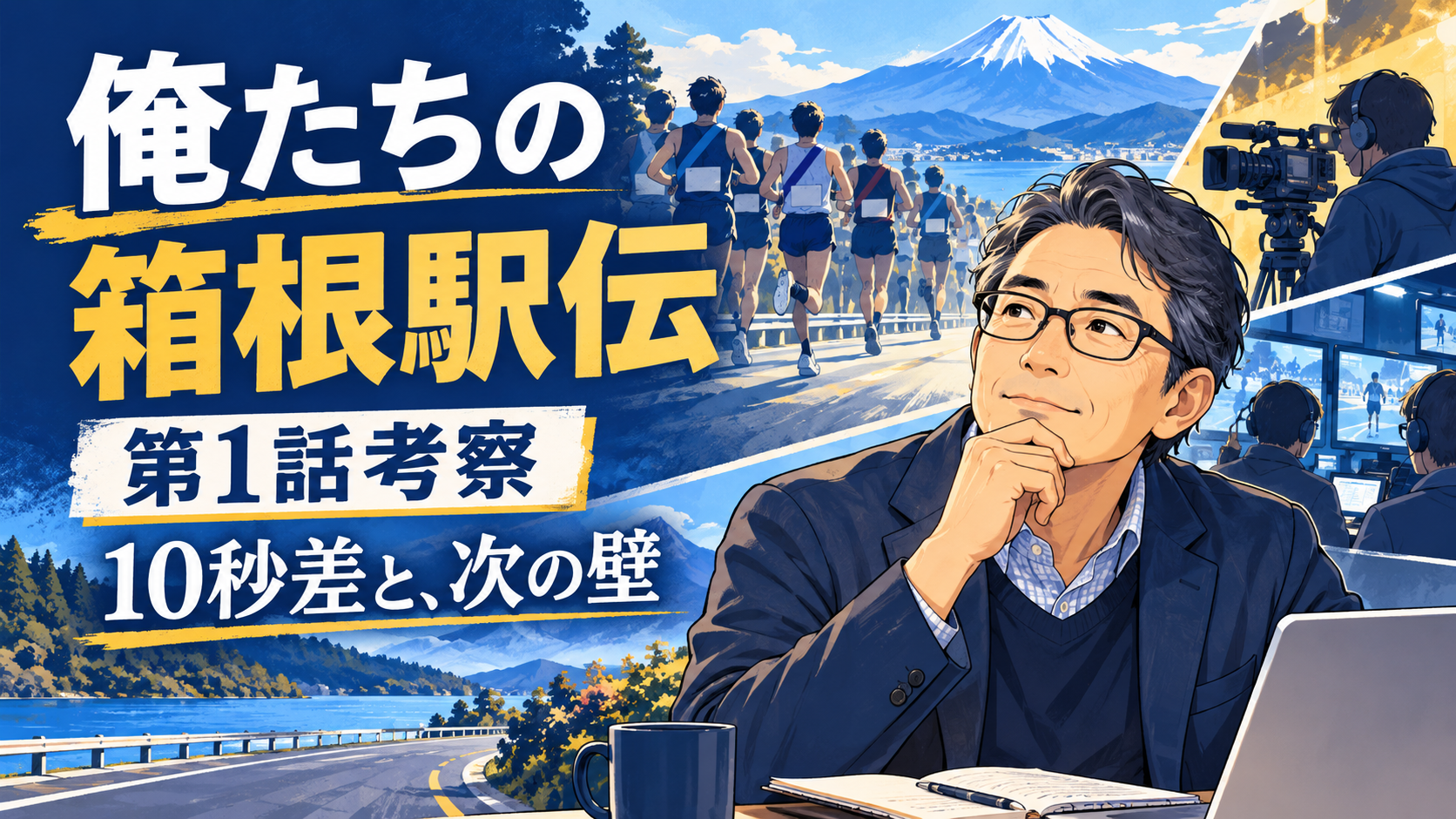 俺たちの箱根駅伝第1話の10秒差と次回の課題を考える50代研究員、ランナーと中継現場のイメージ