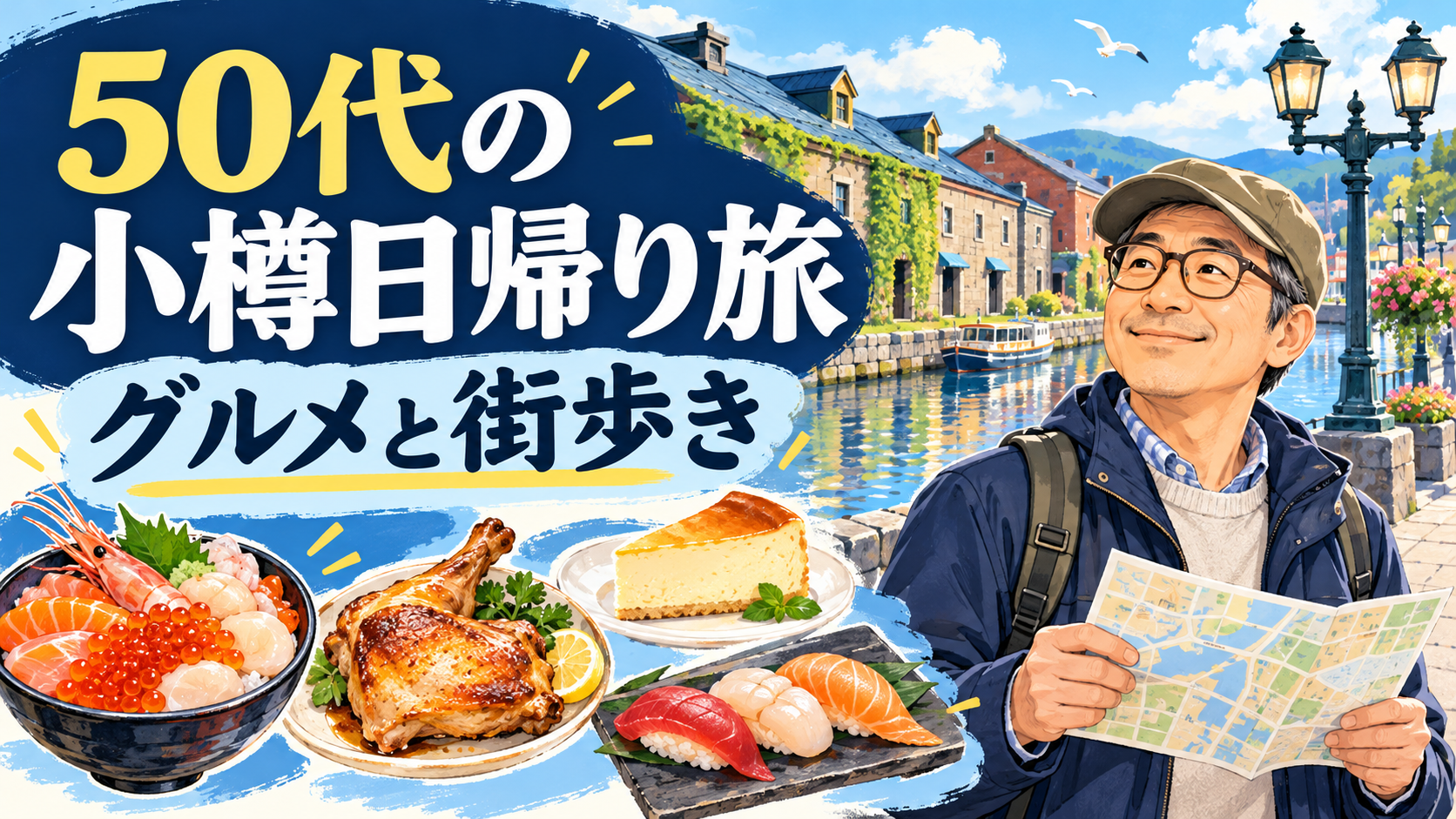 小樽の運河と海鮮丼・半身揚げ・チーズケーキ・寿司を描いた50代の日帰り旅のイメージイラスト