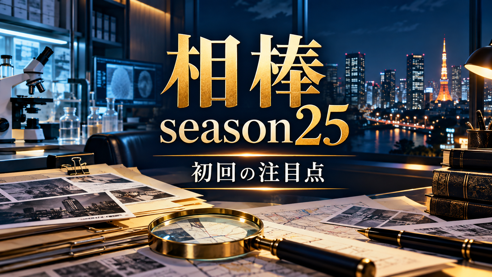 相棒season25の初回の謎を紹介する、夜の街と捜査資料を描いたオリジナルイメージ