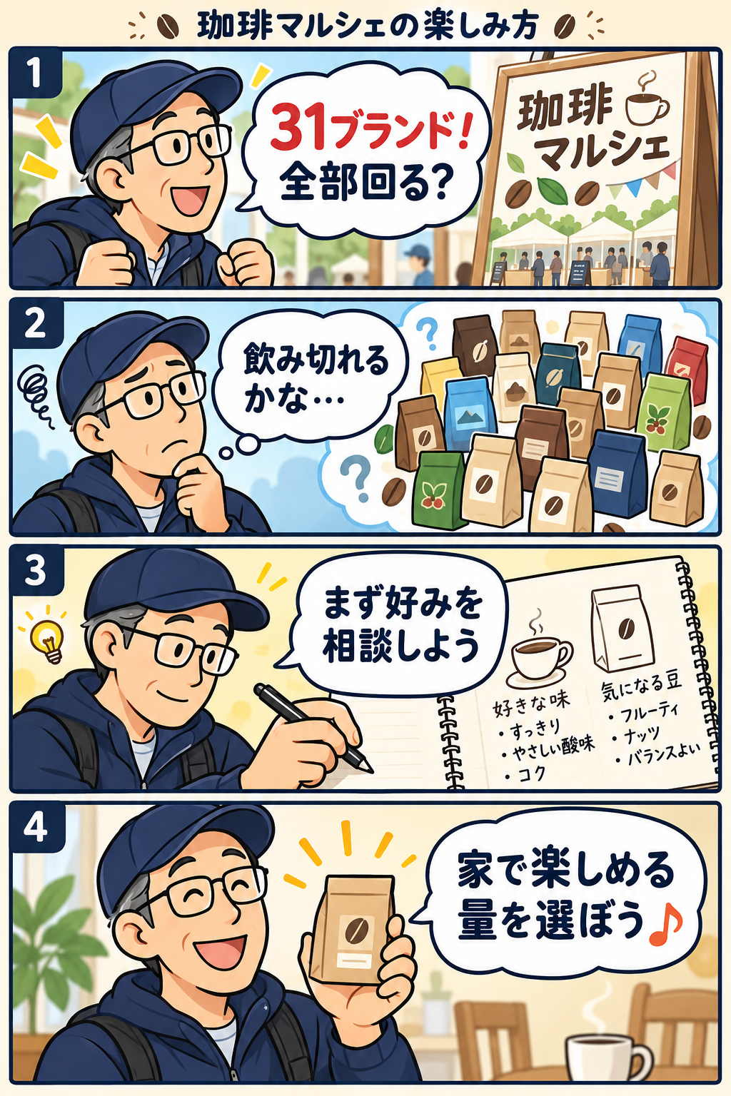 31ブランドに迷った研究員が、好みを相談して家で楽しめる量を選ぶ縦4コマ漫画