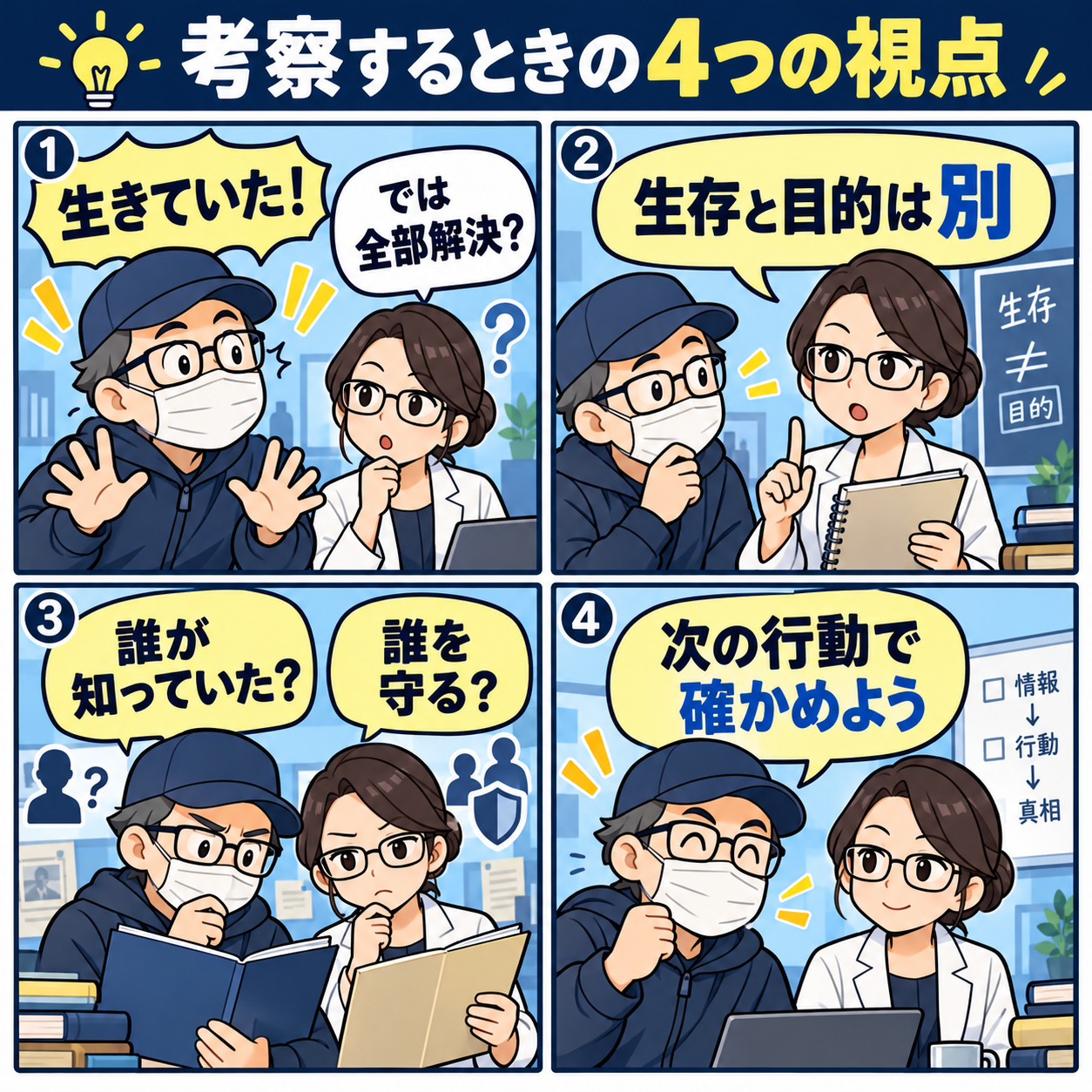 生存と目的、秘密の共有、次の行動を分けて考える研究員と教授の4コマ漫画