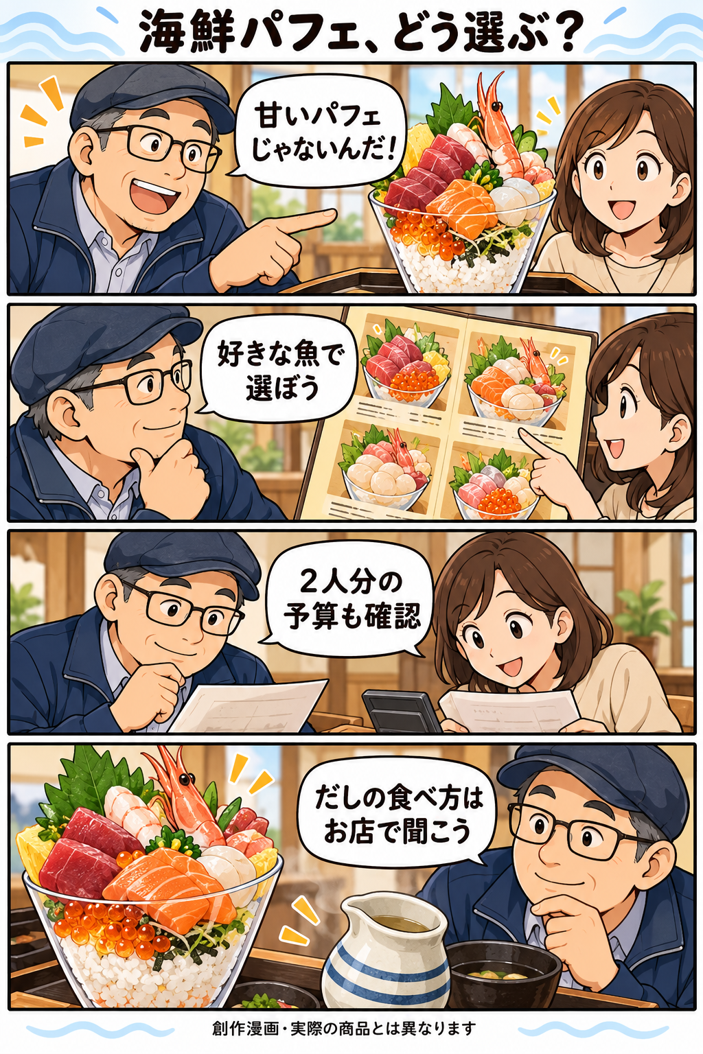 好みの魚と2人の予算を確認する創作4コマ漫画