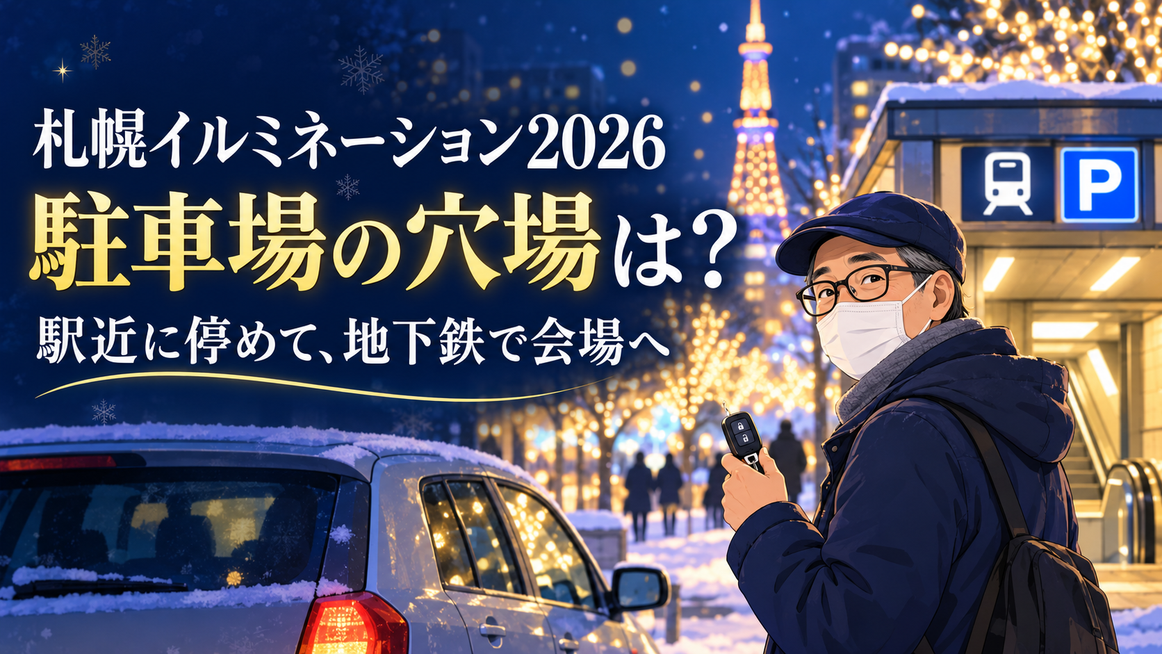 札幌イルミネーション2026へ、駅近の駐車場から地下鉄で向かうイメージイラスト