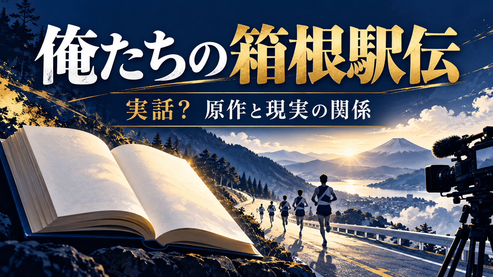 俺たちの箱根駅伝の実話・原作と現実の関係を紹介する、本・ランナー・中継カメラのイメージ