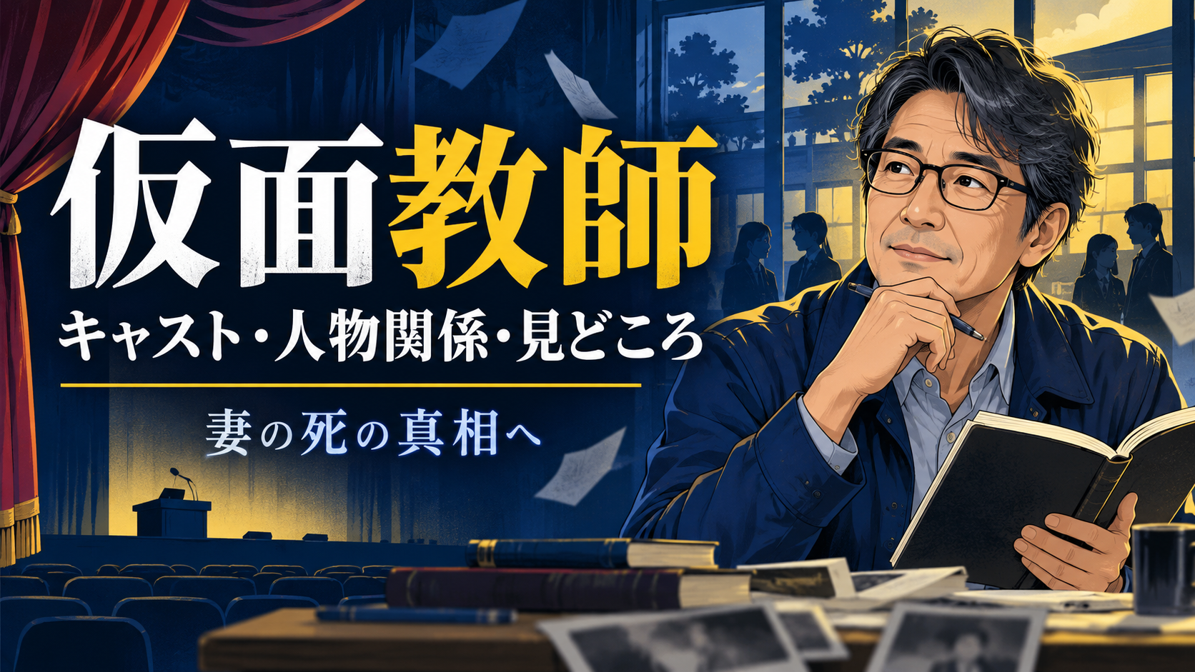 仮面教師のキャスト・人物関係・見どころを紹介するオリジナルイラスト