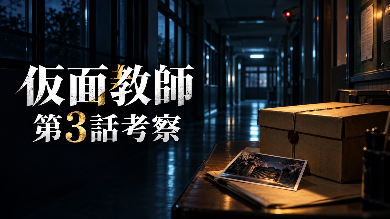 仮面教師 第3話考察。夜の学校の廊下と写真、ダンボールを描いたイメージ