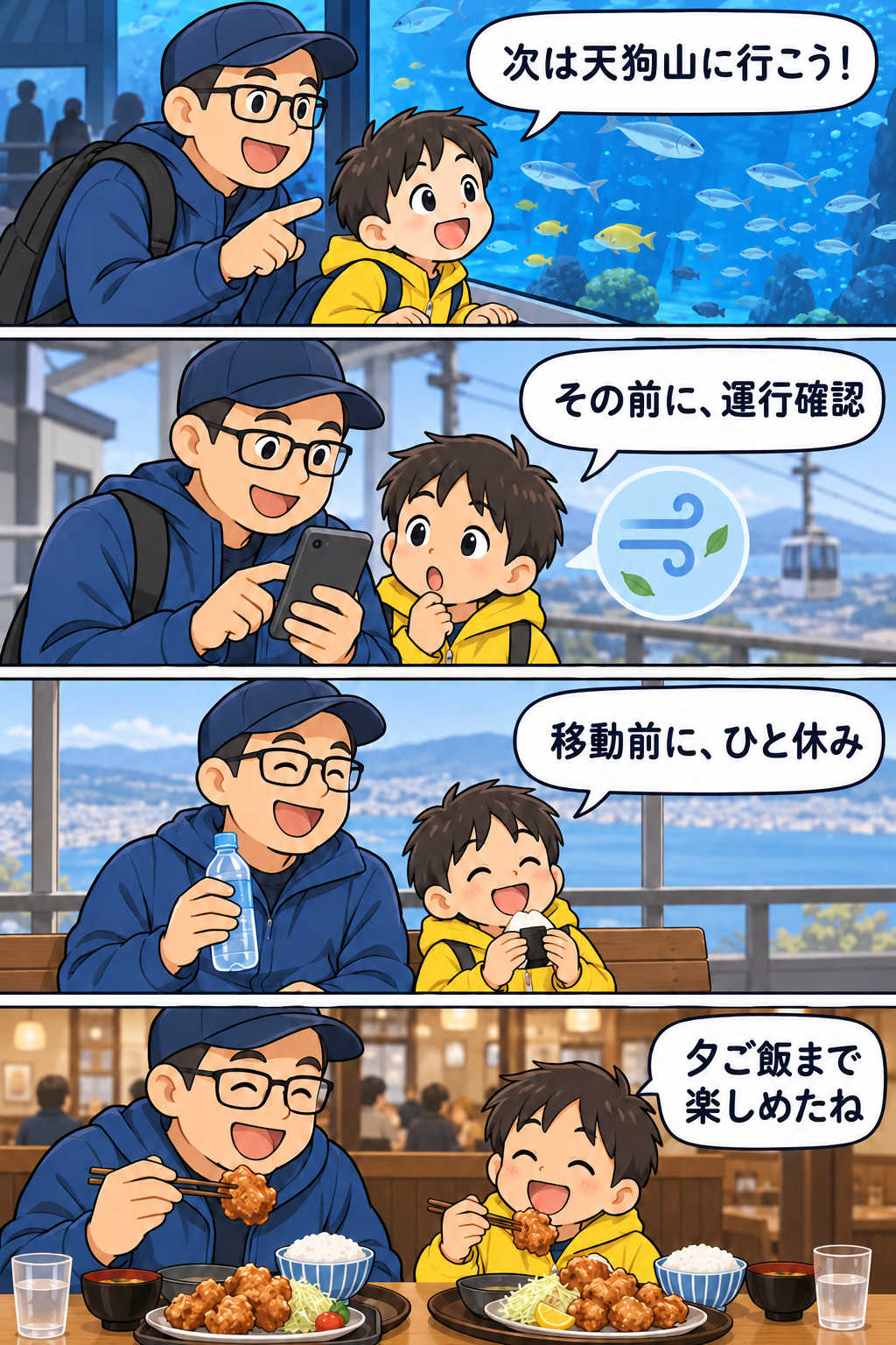 水族館のあとに天狗山の運行確認と休憩を挟み、夕食まで楽しむ親子の創作4コマ