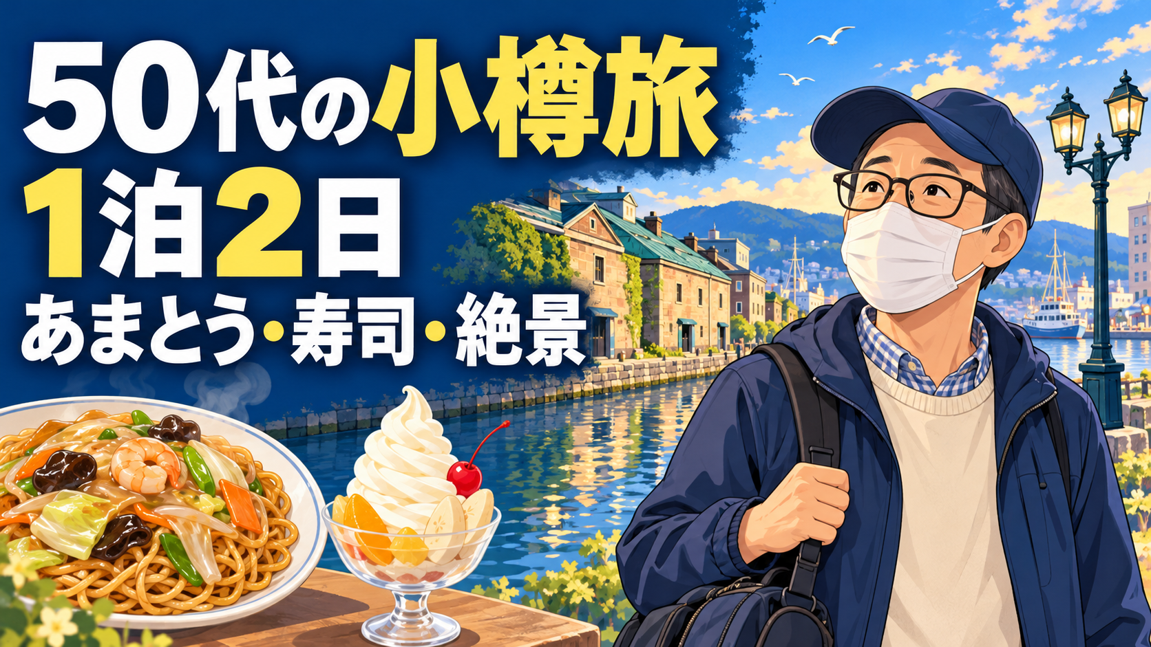 50代の小樽1泊2日旅。あまとう・寿司・絶景を楽しむ研究員の説明用イラスト